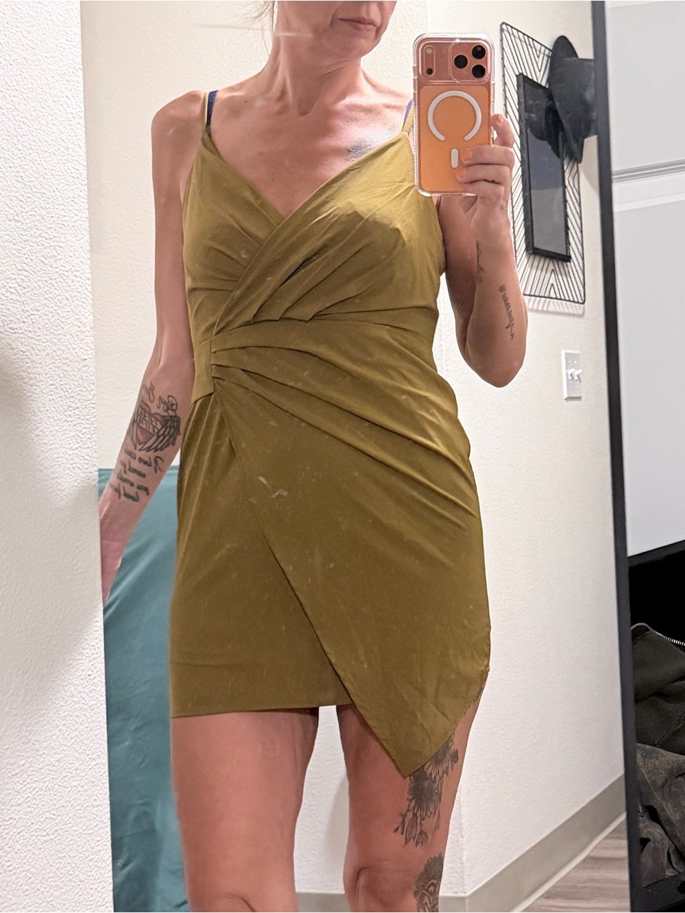 FAVLUX Olive Green Wrap-Front Spaghetti Strap Dress